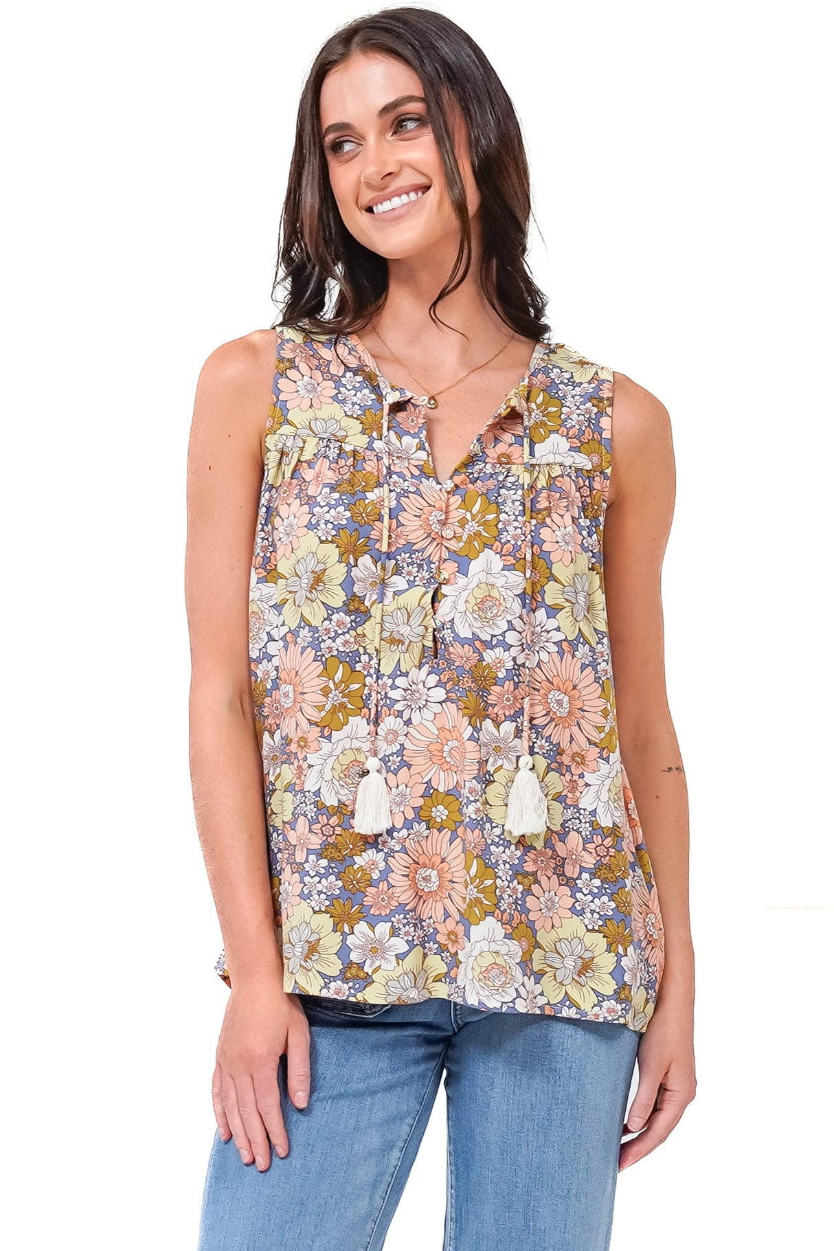 Kalari Top - Sleeveless Mandarin Collar with Tassel & Bells Neck Tie in Avianna Print
