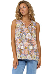 Kalari Top - Sleeveless Mandarin Collar with Tassel & Bells Neck Tie in Avianna Print