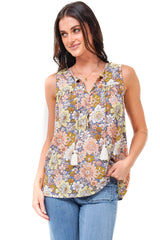 Kalari Top - Sleeveless Mandarin Collar with Tassel & Bells Neck Tie in Avianna Print