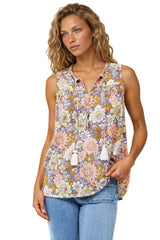 Kalari Top - Sleeveless Mandarin Collar with Tassel & Bells Neck Tie in Avianna Print