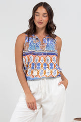 Kalari Top - Sleeveless Mandarin Collar with Tassel & Bells Neck Tie in Belly Print