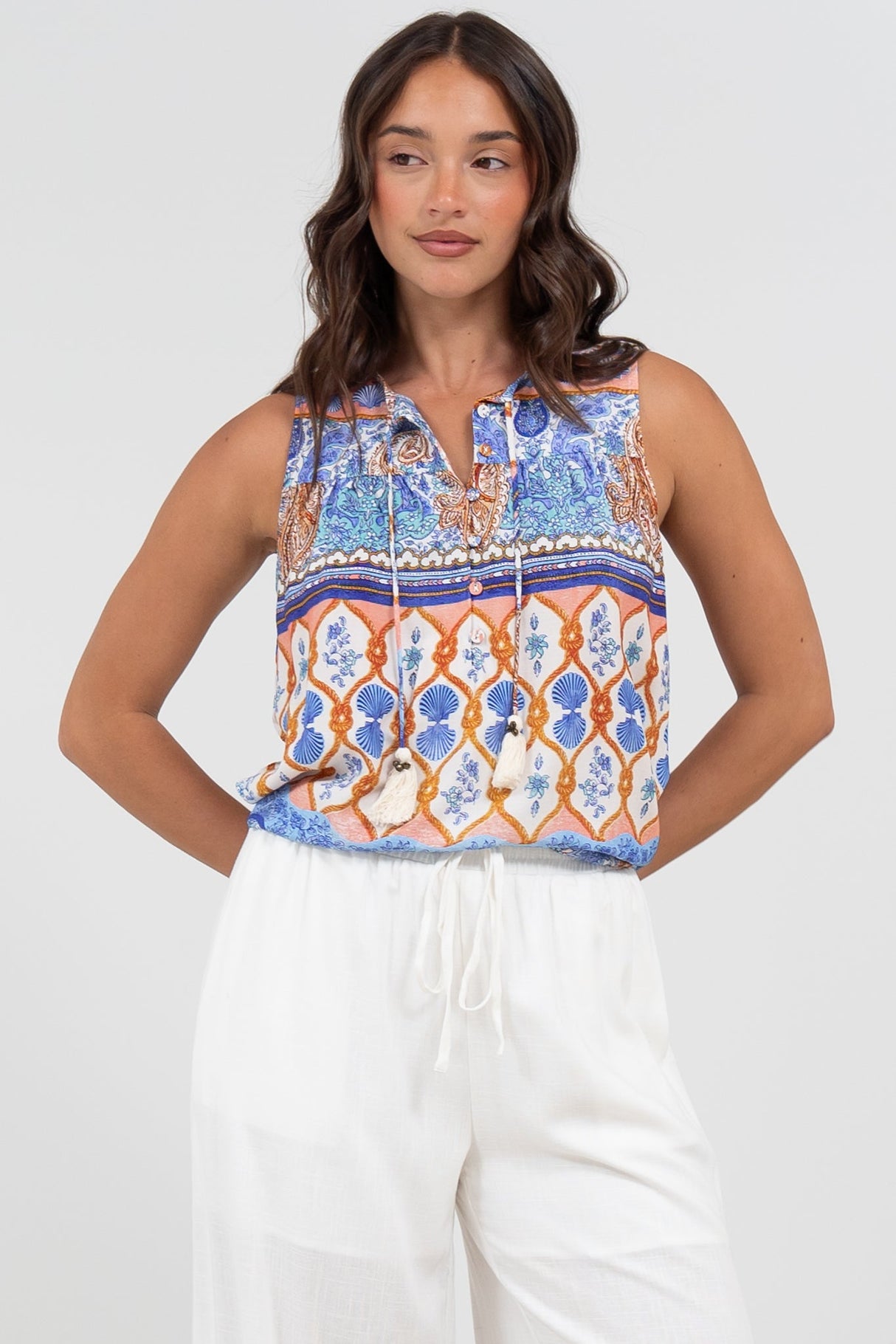 Kalari Top - Sleeveless Mandarin Collar with Tassel & Bells Neck Tie in Belly Print