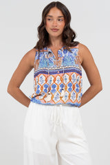 Kalari Top - Sleeveless Mandarin Collar with Tassel & Bells Neck Tie in Belly Print