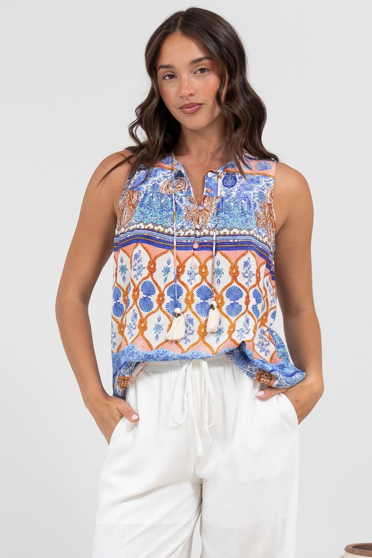 Kalari Top - Sleeveless Mandarin Collar with Tassel & Bells Neck Tie in Belly Print