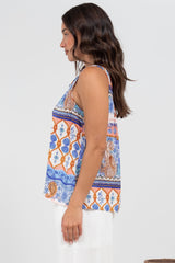 Kalari Top - Sleeveless Mandarin Collar with Tassel & Bells Neck Tie in Belly Print
