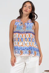 Kalari Top - Sleeveless Mandarin Collar with Tassel & Bells Neck Tie in Belly Print