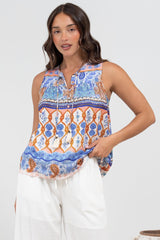 Kalari Top - Sleeveless Mandarin Collar with Tassel & Bells Neck Tie in Belly Print