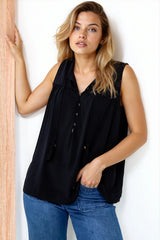 Kalari Top - Sleeveless Mandarin Collar with Tassel & Bells Neck Tie in Black