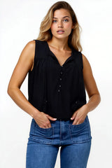 Kalari Top - Sleeveless Mandarin Collar with Tassel & Bells Neck Tie in Black