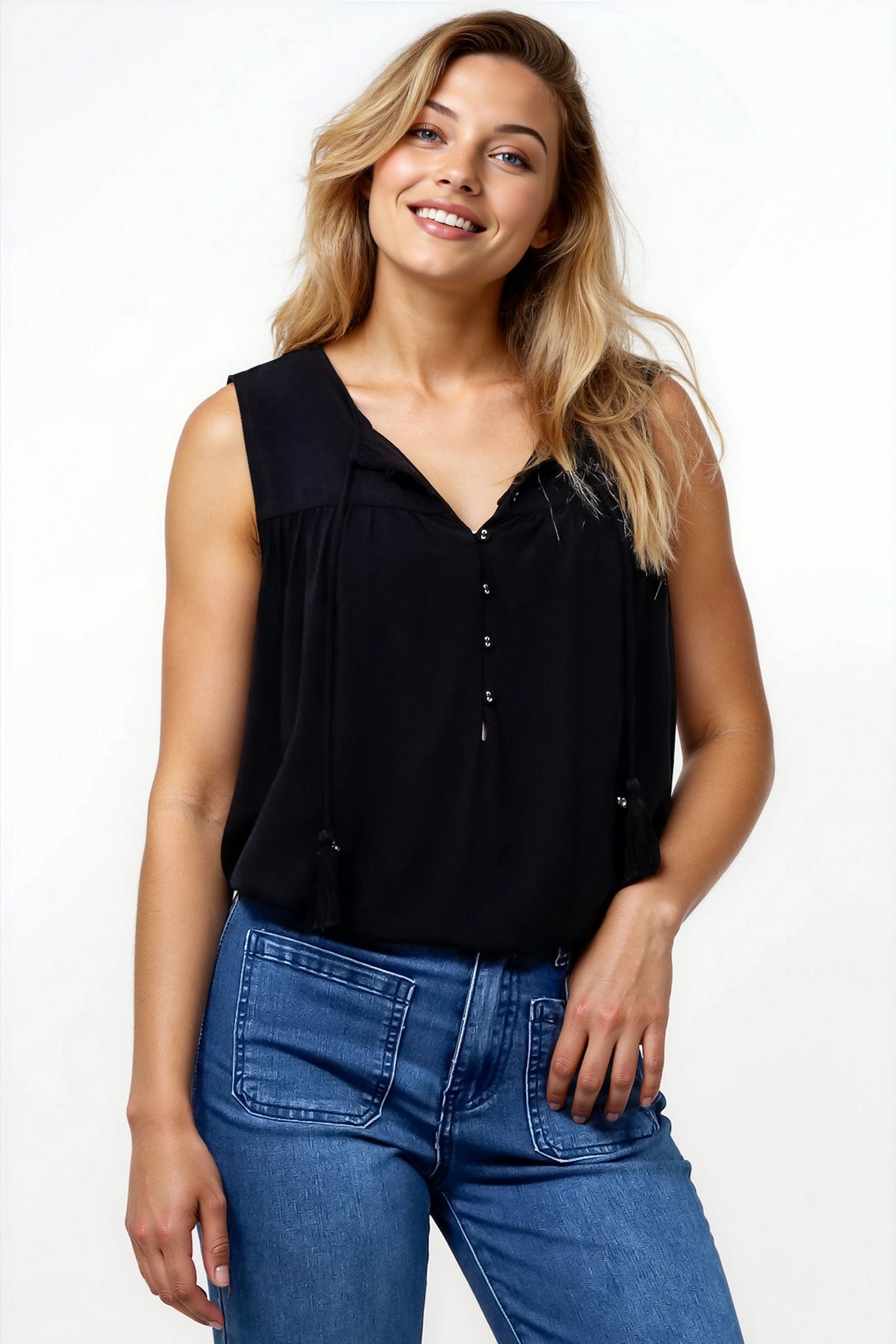 Kalari Top - Sleeveless Mandarin Collar with Tassel & Bells Neck Tie in Black