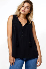 Kalari Top - Sleeveless Mandarin Collar with Tassel & Bells Neck Tie in Black