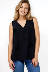 Kalari Top - Sleeveless Mandarin Collar with Tassel & Bells Neck Tie in Black