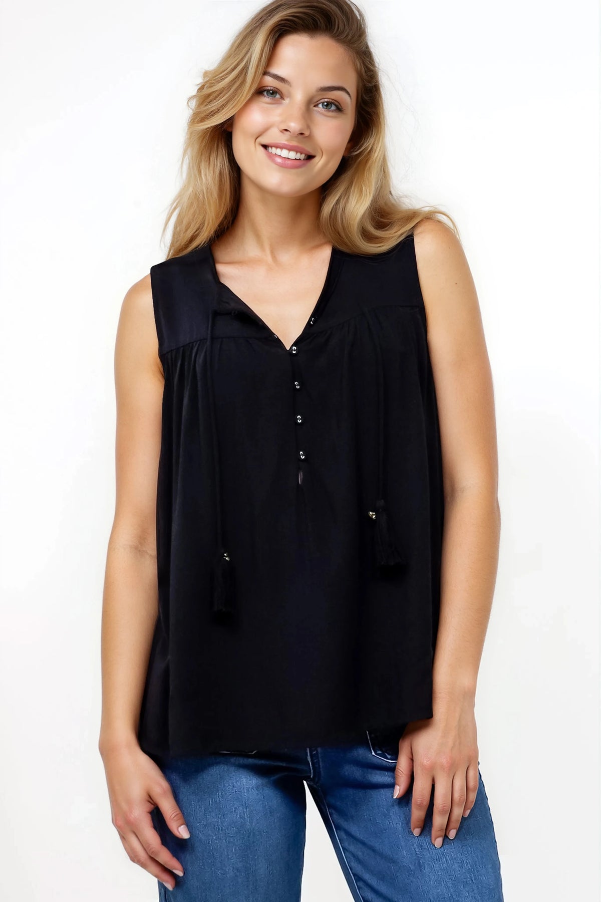 Kalari Top Sleeveless Mandarin Collar Tassel & Bells Neck Tie