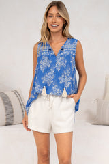 Kalari Top - Sleeveless Mandarin Collar with Tassel & Bells Neck Tie in Bridgette Print