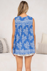 Kalari Top - Sleeveless Mandarin Collar with Tassel & Bells Neck Tie in Bridgette Print