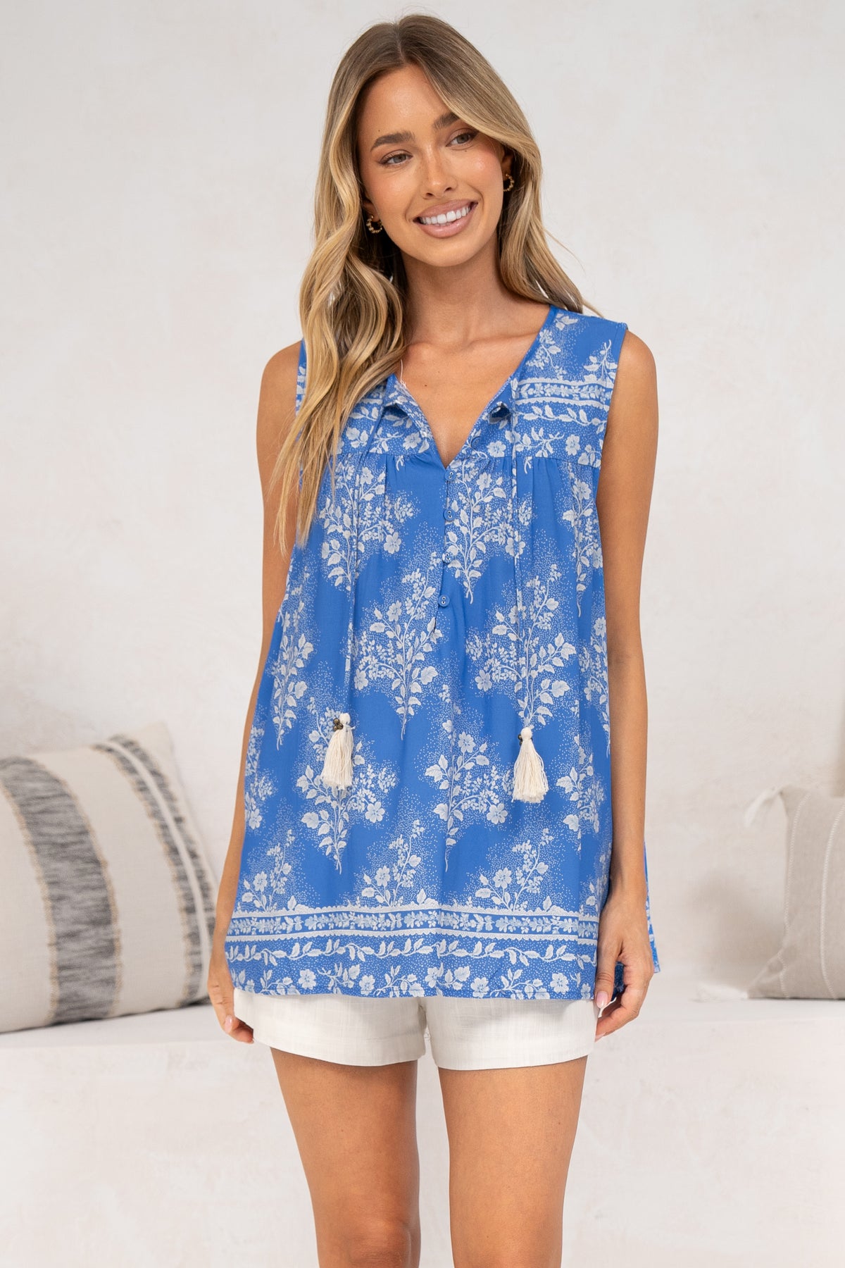 Kalari Top - Sleeveless Mandarin Collar with Tassel & Bells Neck Tie in Bridgette Print