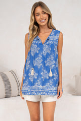 Kalari Top - Sleeveless Mandarin Collar with Tassel & Bells Neck Tie in Bridgette Print