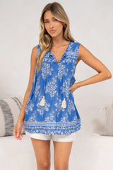 Kalari Top - Sleeveless Mandarin Collar with Tassel & Bells Neck Tie in Bridgette Print
