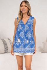 Kalari Top - Sleeveless Mandarin Collar with Tassel & Bells Neck Tie in Bridgette Print