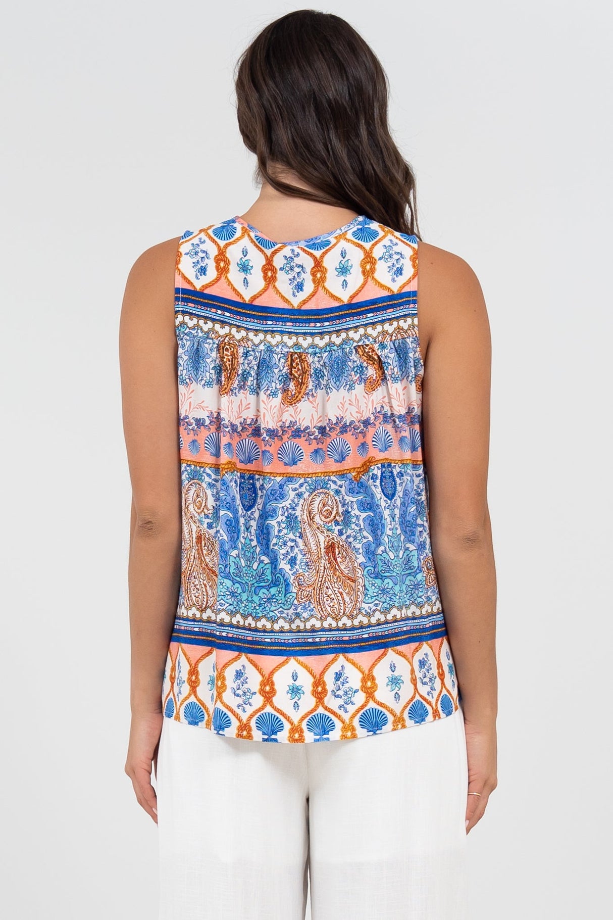Kalari Top - Sleeveless Mandarin Collar with Tassel & Bells Neck Tie in Belly Print