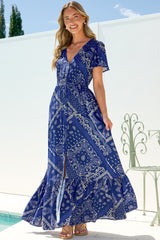 Kali Maxi Dress - Button-front Dress with Flutter Sleeves and Front Split in Bandana Print Blue