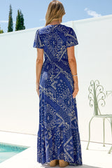 Kali Maxi Dress - Button-front Dress with Flutter Sleeves and Front Split in Bandana Print Blue