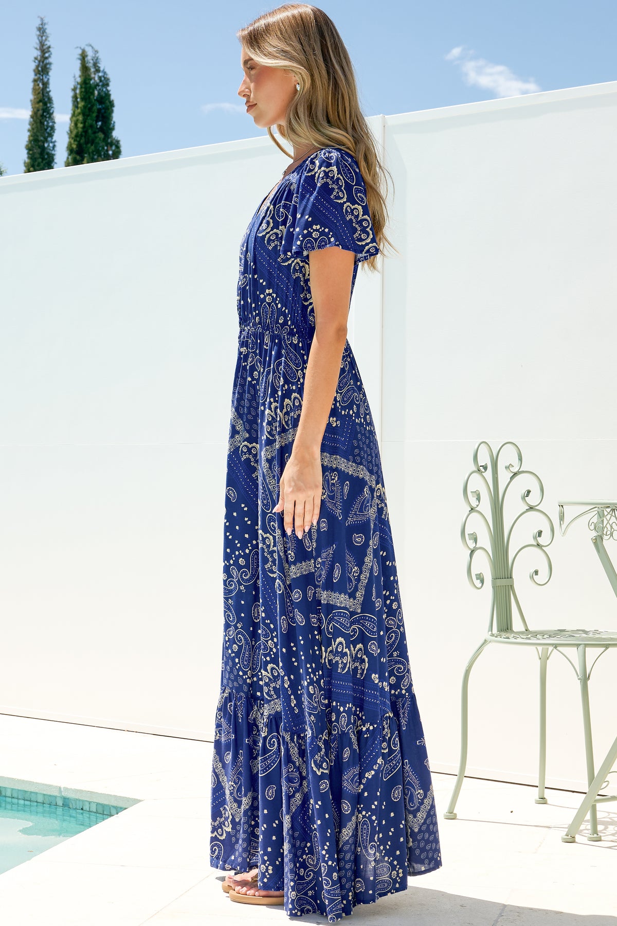 Kali Maxi Dress - Button-front Dress with Flutter Sleeves and Front Split in Bandana Print Blue