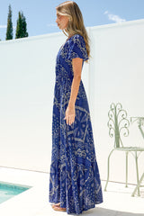 Kali Maxi Dress - Button-front Dress with Flutter Sleeves and Front Split in Bandana Print Blue