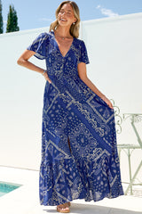 Kali Maxi Dress - Button-front Dress with Flutter Sleeves and Front Split in Bandana Print Blue