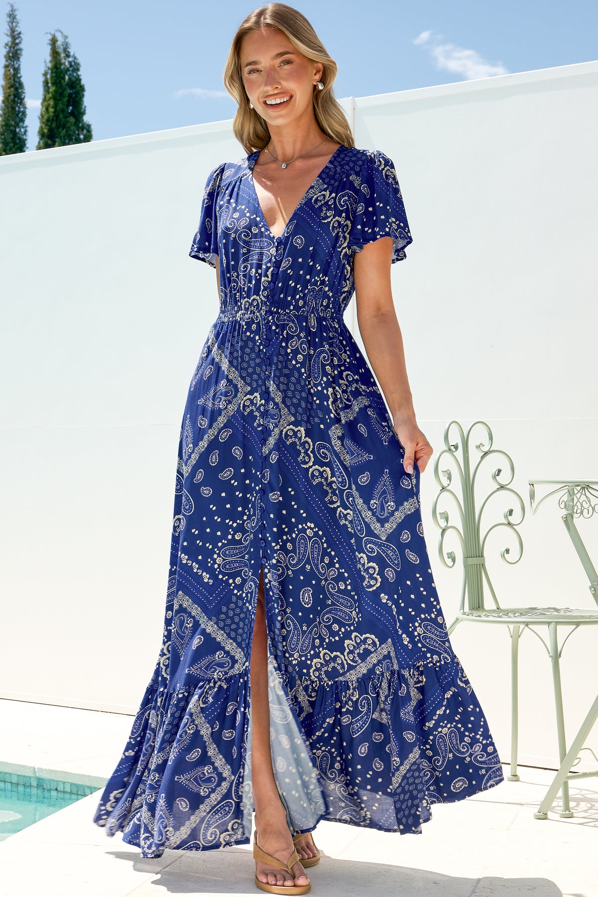 Kali Maxi Dress - Button-front Dress with Flutter Sleeves and Front Split in Bandana Print Blue