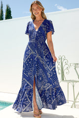 Kali Maxi Dress - Button-front Dress with Flutter Sleeves and Front Split in Bandana Print Blue