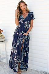 Kali Maxi Dress - Button-front Dress with Flutter Sleeves and Front Split in Colette Print