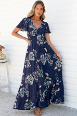 Kali Maxi Dress - Button-front Dress with Flutter Sleeves and Front Split in Colette Print