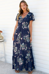 Kali Maxi Dress - Button-front Dress with Flutter Sleeves and Front Split in Colette Print