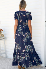 Kali Maxi Dress - Button-front Dress with Flutter Sleeves and Front Split in Colette Print