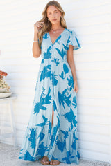 Kali Maxi Dress - Button-front Dress with Flutter Sleeves and Front Split in Colter Print Blue
