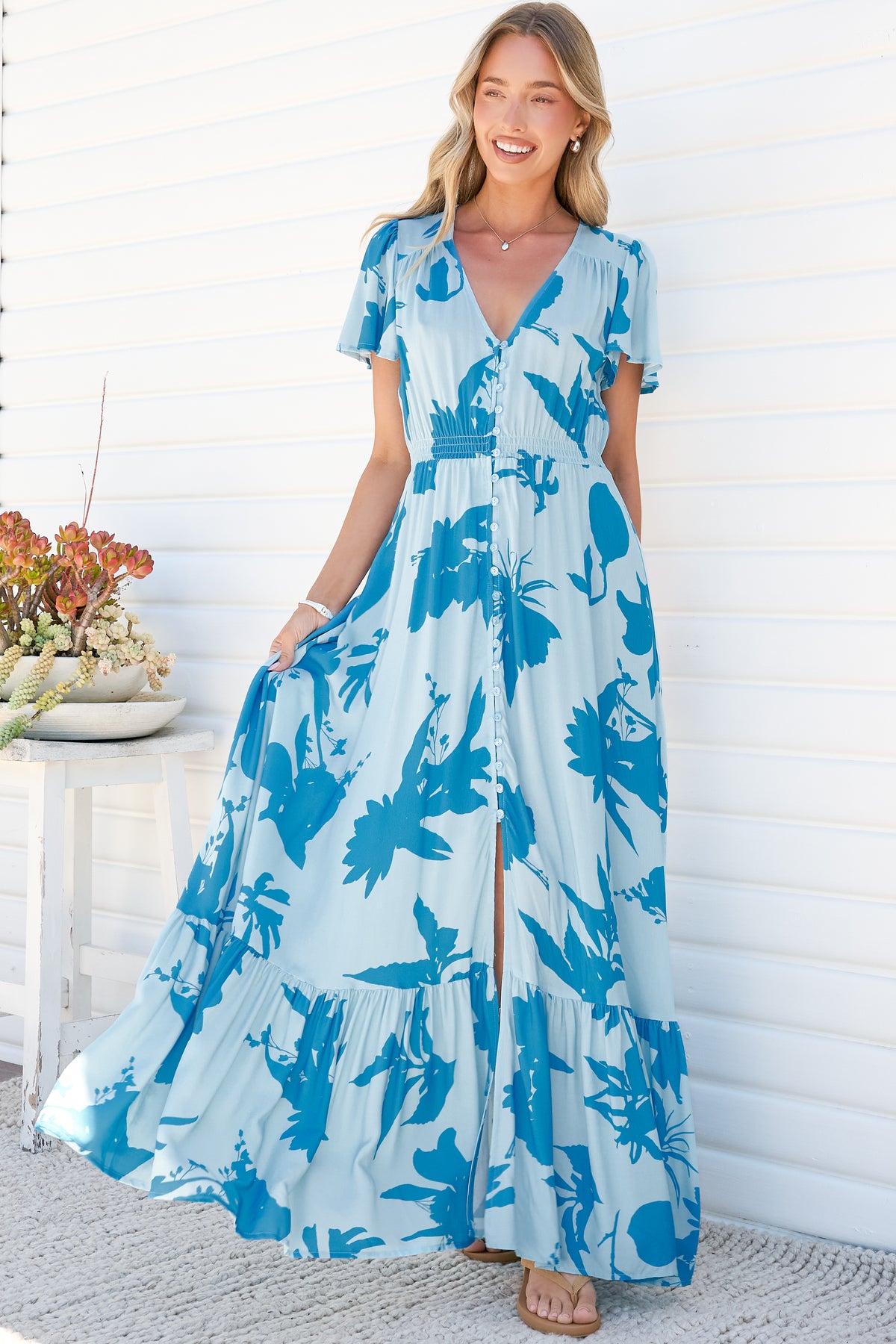 Kali Maxi Dress - Button-front Dress with Flutter Sleeves and Front Split in Colter Print Blue