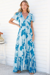 Kali Maxi Dress - Button-front Dress with Flutter Sleeves and Front Split in Colter Print Blue