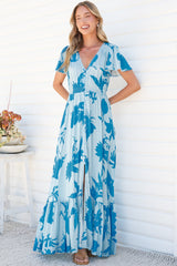 Kali Maxi Dress - Button-front Dress with Flutter Sleeves and Front Split in Colter Print Blue