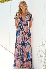 Kali Maxi Dress - Button-front Dress with Flutter Sleeves and Front Split in Franky Print