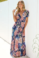 Kali Maxi Dress - Button-front Dress with Flutter Sleeves and Front Split in Franky Print