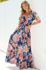 Kali Maxi Dress - Button-front Dress with Flutter Sleeves and Front Split in Franky Print