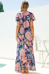 Kali Maxi Dress - Button-front Dress with Flutter Sleeves and Front Split in Franky Print
