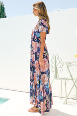 Kali Maxi Dress - Button-front Dress with Flutter Sleeves and Front Split in Franky Print