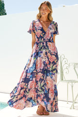 Kali Maxi Dress - Button-front Dress with Flutter Sleeves and Front Split in Franky Print