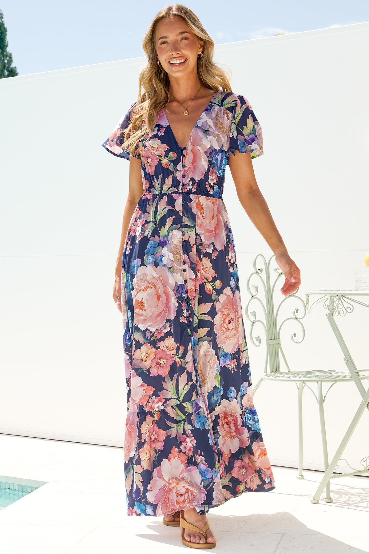 Kali Maxi Dress - Button-front Dress with Flutter Sleeves and Front Split in Franky Print