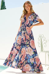 Kali Maxi Dress - Button-front Dress with Flutter Sleeves and Front Split in Franky Print