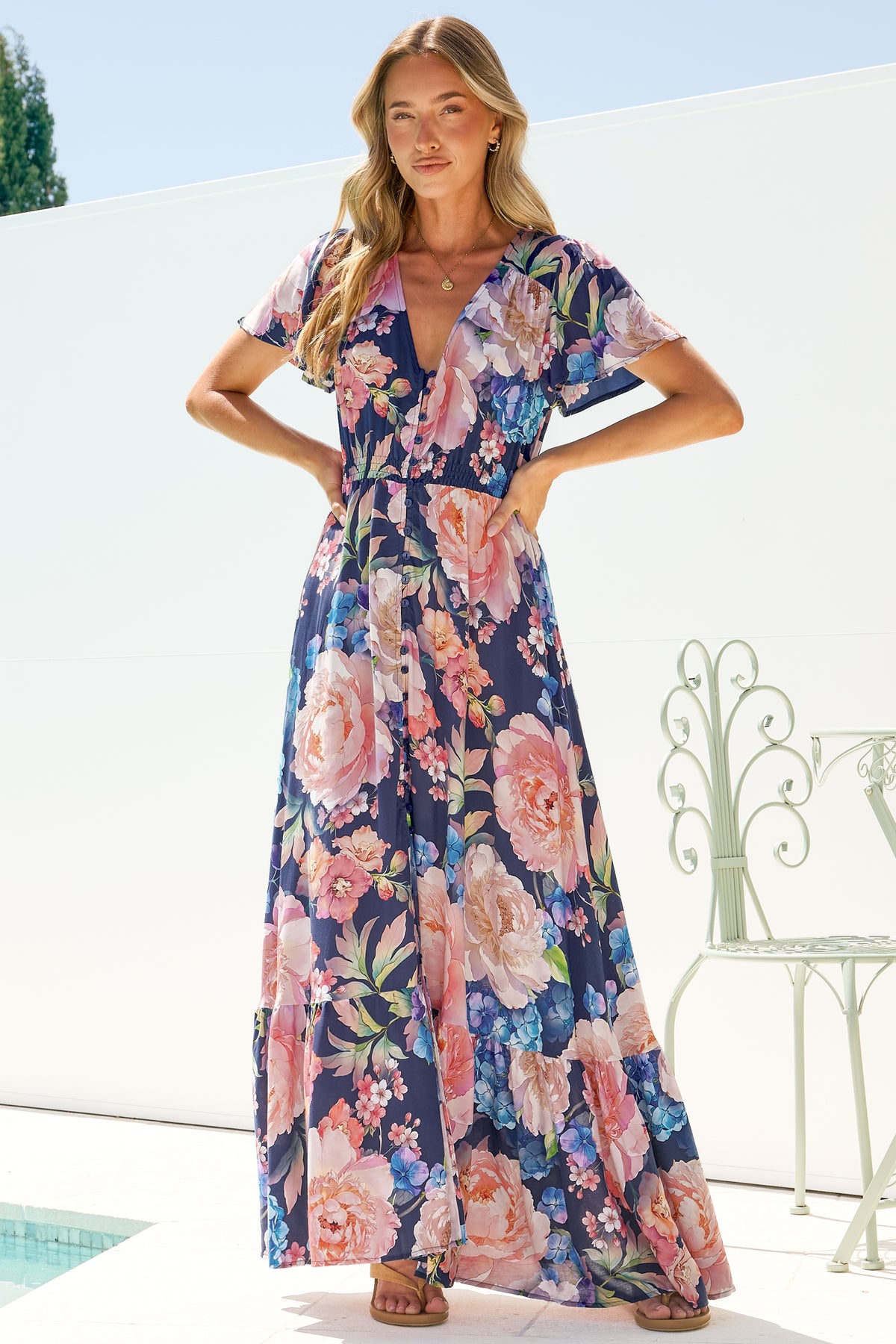 Kali Maxi Dress - Button-front Dress with Flutter Sleeves and Front Split in Franky Print
