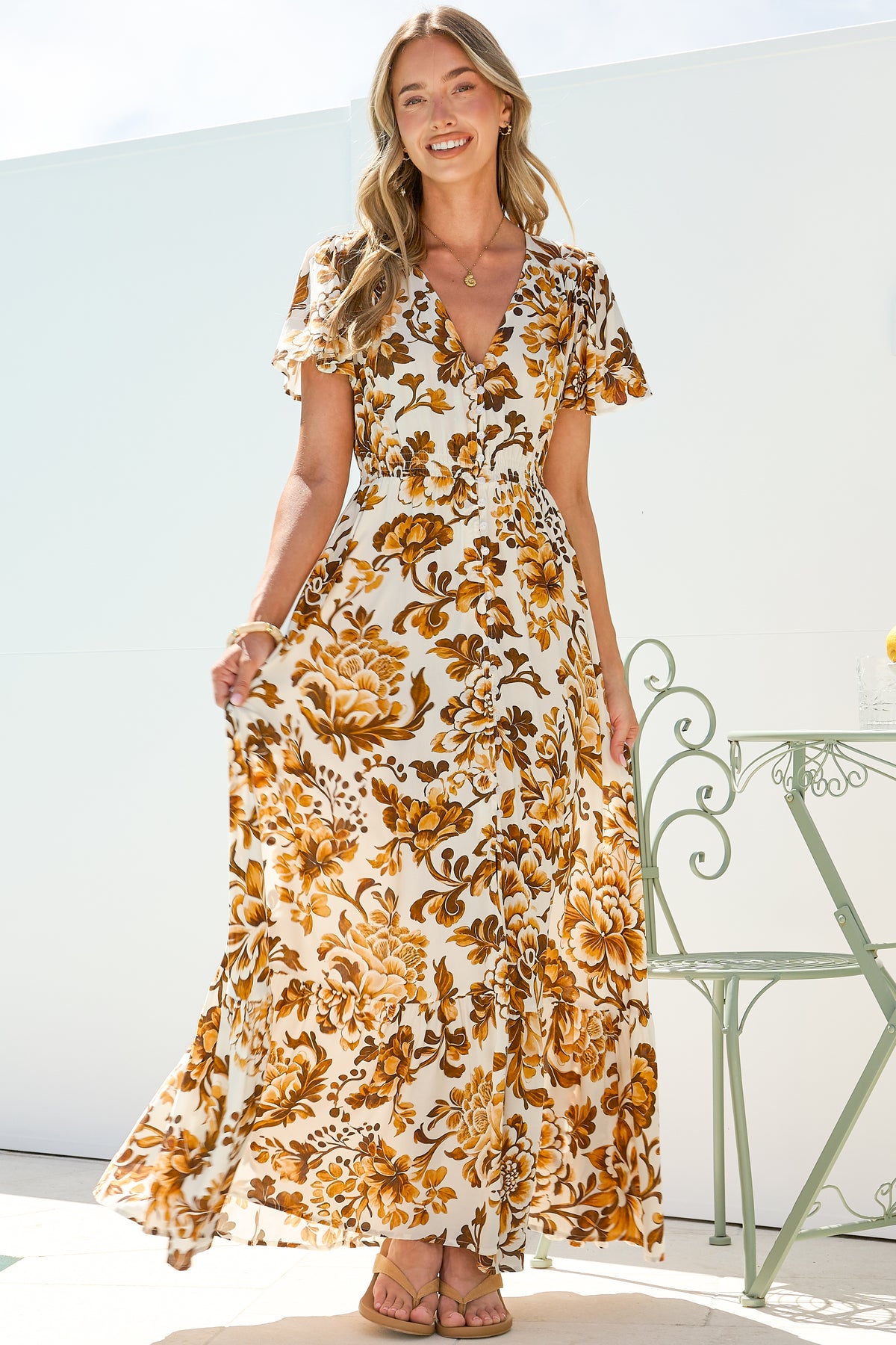 Kali Maxi Dress - Button-front Dress with Flutter Sleeves and Front Split in Quest Print Brown