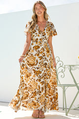 Kali Maxi Dress - Button-front Dress with Flutter Sleeves and Front Split in Quest Print Brown